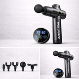 VascuForce VF3 deep tissue massage gun with multiple attachments and display for muscle relief and recovery.