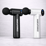 VascuForce VF3 mini massage gun for muscle recovery in black and white design, ideal for portable relaxation and post-workout relief.
